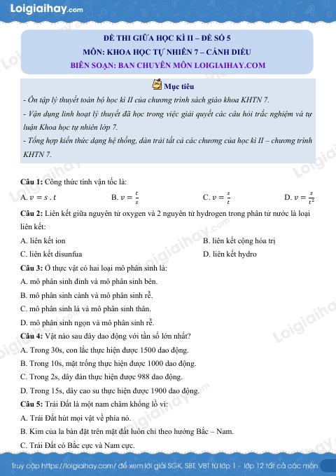 Đề thi giữa kì 2 KHTN 7 Cánh diều - Đề số 5